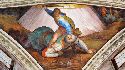 400x225 Sistine Chapel Ceiling Virtual Tour Vatican Museums, Rome - David And Goliath Michelangelo Painting