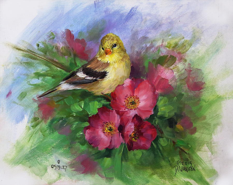 900x715 Goldfinch And Wild Roses Painting By David Jansen - David Jansen Painting