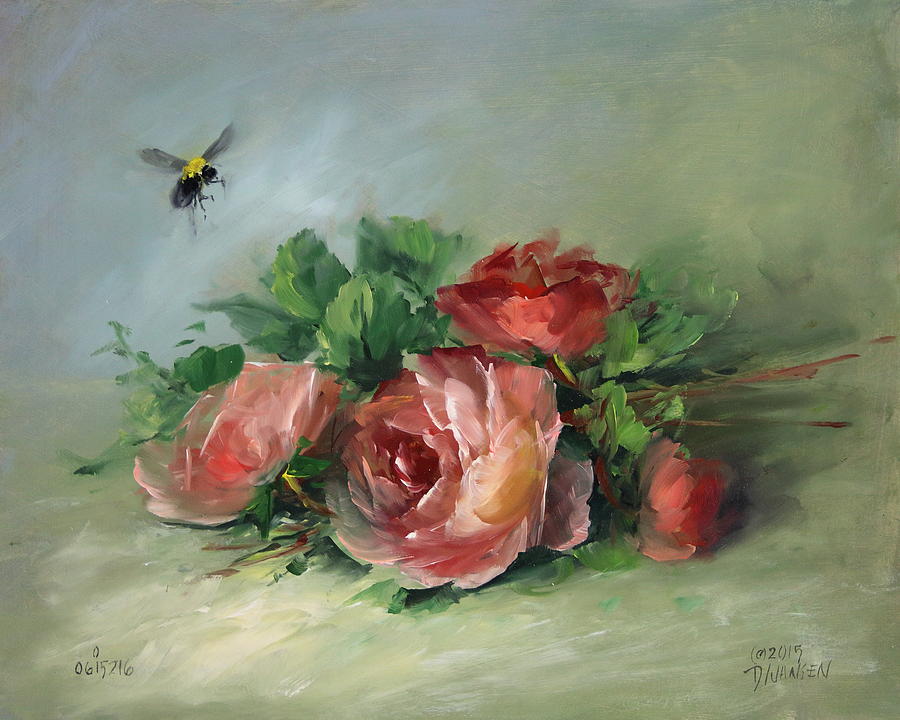 900x720 Bee And Roses On A Table Painting By David Jansen - David Jansen Painting