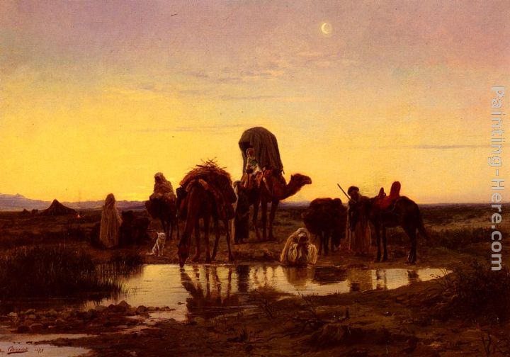 720x504 Eugene Alexis Girardet Camel Train By An Oasis At Dawn Painting - Dawn Painting
