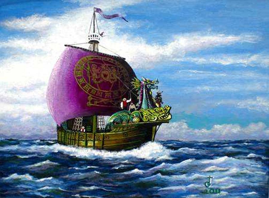 900x663 The Dawntreader On The High Seas Painting By Tom Greenslade - Dawn Treader Painting