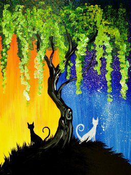 256x341 Easy Q Tip Paintings Of Day And Night Cats. Weeping Willow Tree - Day And Night Painting