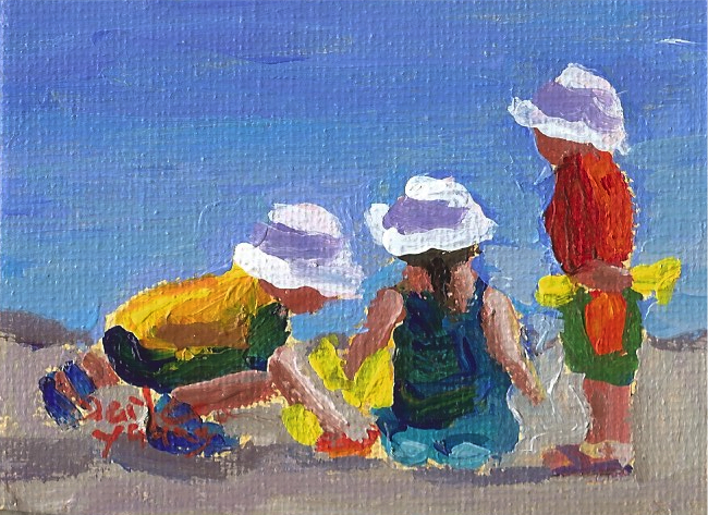 650x473 Darlene Young A Painting A Day 928 Beach Kids, Miniature, 2.5x3.5 - Day At The Beach Painting