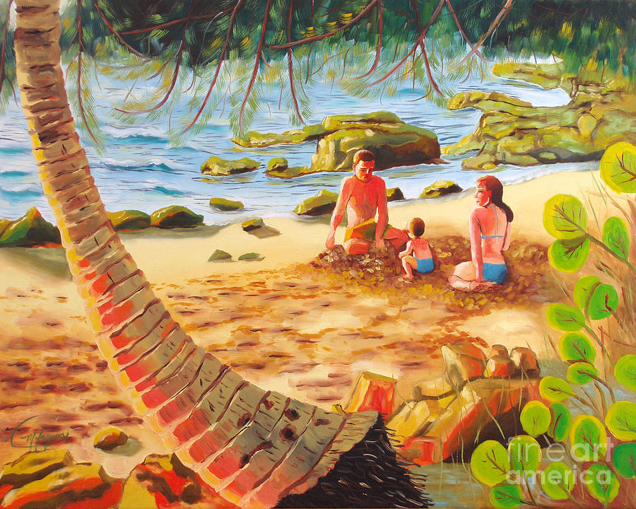900x720 Family Day At Jobos Beach Painting By Milagros Palmieri - Day At The Beach Painting