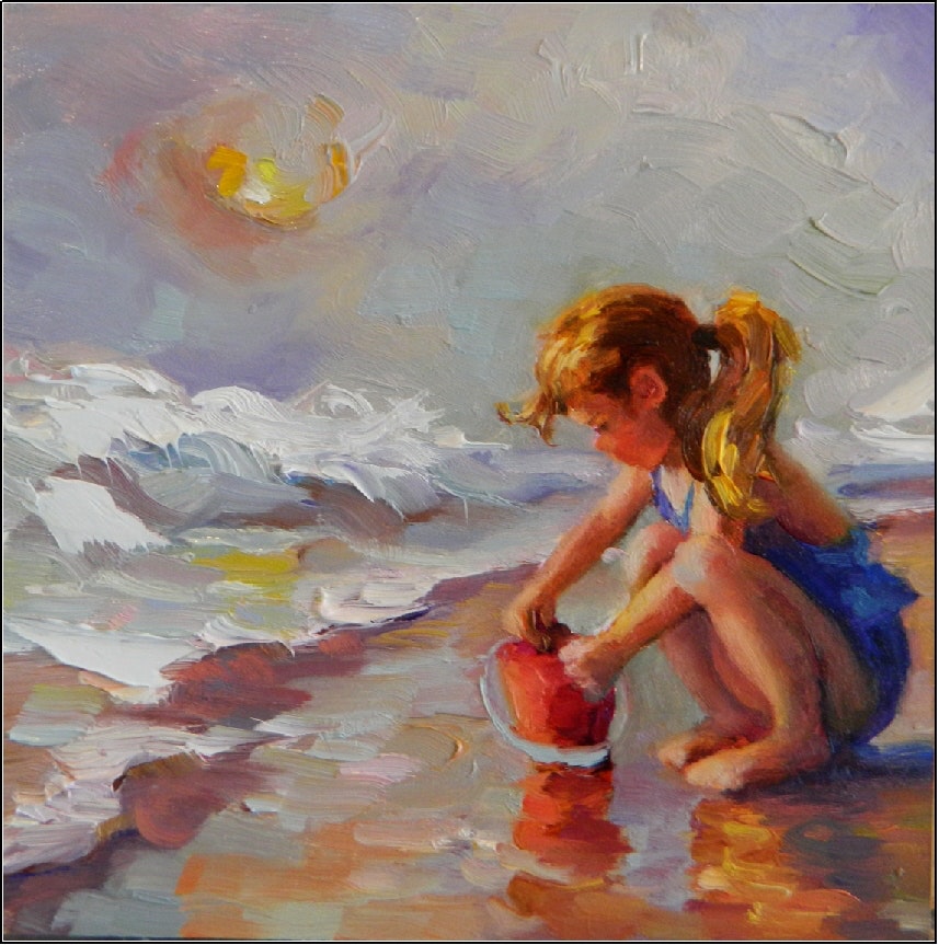 857x863 Hazy Beach Day , 6x6, Oil On Board, Maryanne Jacobsen, Beach - Day At The Beach Painting
