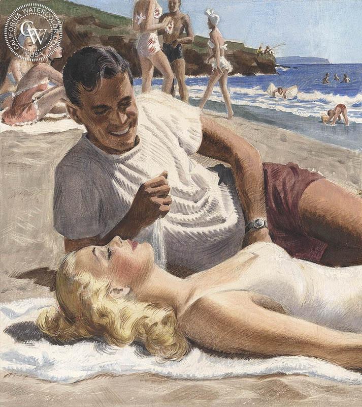 713x800 Beach Day, Art By Preston Blair California Watercolor - Day At The Beach Painting