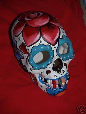 300x400 Hand Painted Day Of The Dead Skull Sculpture Sparrows Tattoo Rose - Day Of The Dead Skull Painting