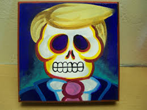 500x375 Day Of The Dead Skeleton Donald Trump Painted Wood Retablo - Day Of The Dead Skull Painting