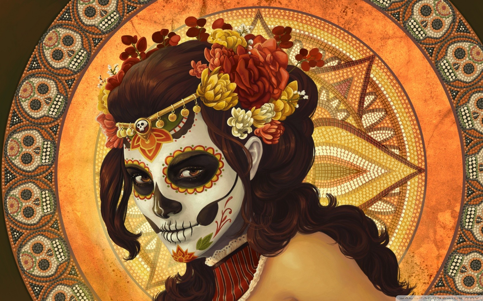 1680x1050 Wallpaper Painting, Digital Art, Women, Fantasy Girl, Flowers - Day Of The Dead Woman Painting