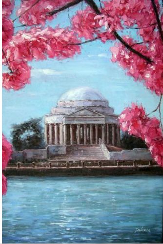 334x501 Cherry Blossoms Washington Dc Jefferson Memorial Spring Oil - Dc Painting
