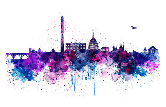 570x369 Washington Dc Skyline Instant Download Watercolor Painting - Dc Skyline Painting