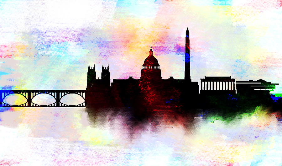 900x529 Washington Dc Skyline Color Painting By Enki Art - Dc Skyline Painting
