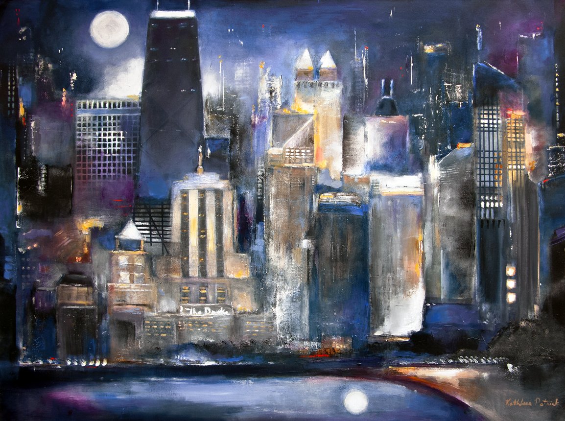 1154x860 Original Painting Of Chicago Moon Over Oak Beach - Dc Skyline Painting
