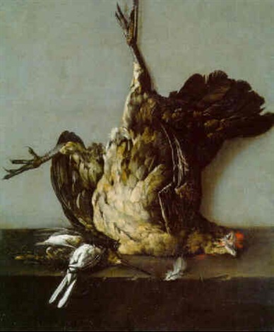 388x470 A Dead Chicken Hanging And Dead Birds On A Stone Ledge By Cornelis - Dead Bird Painting