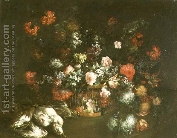 592x462 Roses, Tulips, Bluebells, Lilac And Other Flowers In A Basket - Dead Flowers Painting