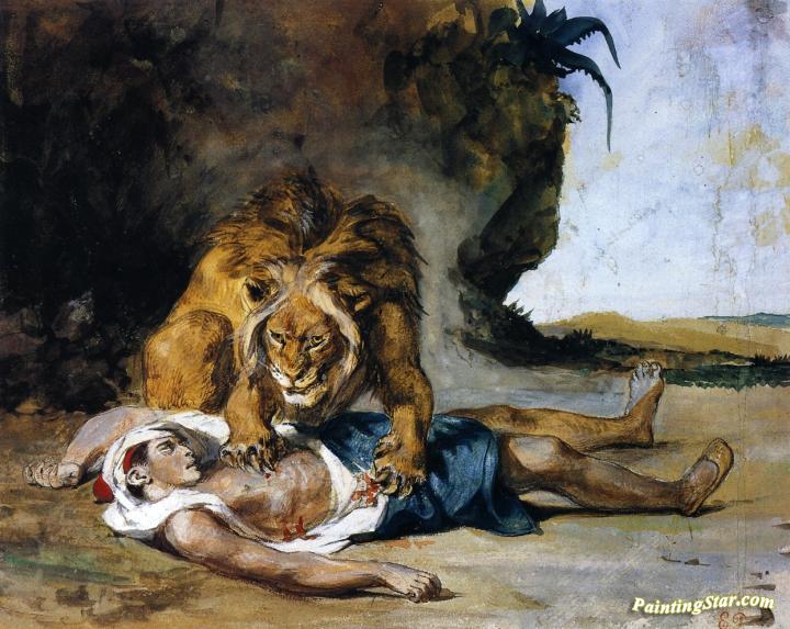 720x573 Lion Mauling A Dead Arab Artwork By Delacroix Oil Painting - Dead Painting