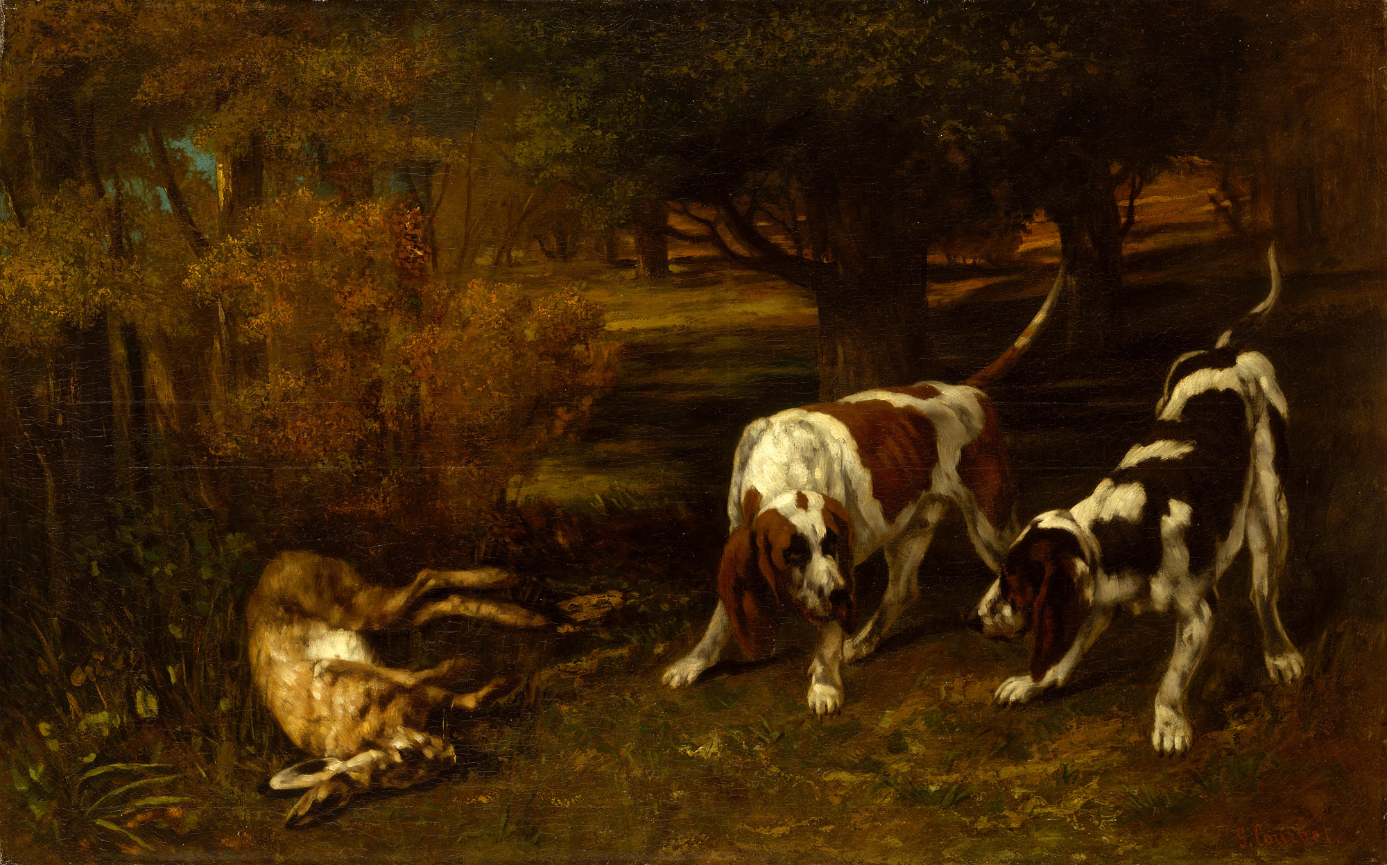 2000x1248 Hunting Dogs With Dead Hare Gustave Courbet 33.77 Work - Dead Rabbit Painting