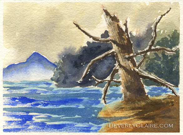 585x431 Dead Tree By The Lake Watercolor Painting - Dead Tree Painting