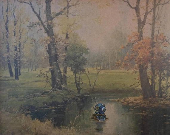 570x453 Deep Sea Diver Painting Repurposed Altered Thrift Art - Deep Sea Diver Painting