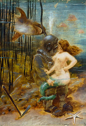 343x500 Deep Sea Diver With A Mermaid And A Shar - Deep Sea Diver Painting