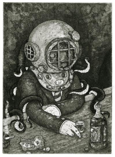 398x543 Scuba Beer Her Love Affair With The Sea Scubas - Deep Sea Diver Painting