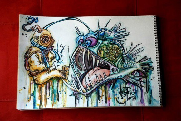 580x388 Alister Dippner Watercolor Painting Deep Sea Fish Monster Diver - Deep Sea Diver Painting