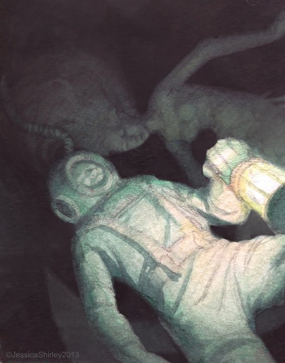 566x720 Jessica Shirley Illustration The Mermaid And The Deep Sea Diver - Deep Sea Diver Painting