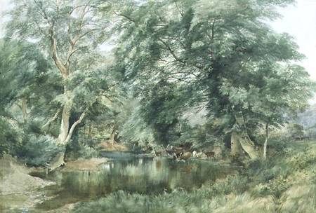 450x304 Landscape With Deer Drinking From A Rive - Deer Drinking Water Painting