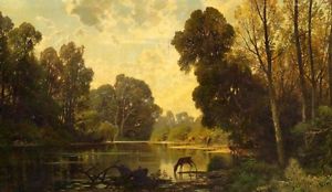 300x174 Oil Painting Nice Sunset Landscape With Deer Drinking Water By - Deer Drinking Water Painting