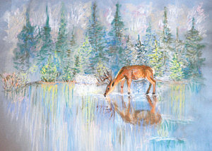 300x214 Refreshed Painting By Julia And David Bowman - Deer Drinking Water Painting