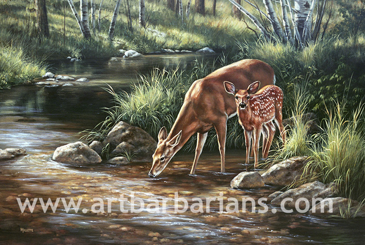 750x504 Wildlife Art Prints Plus Original Paintings With A Wide Selection - Deer Drinking Water Painting