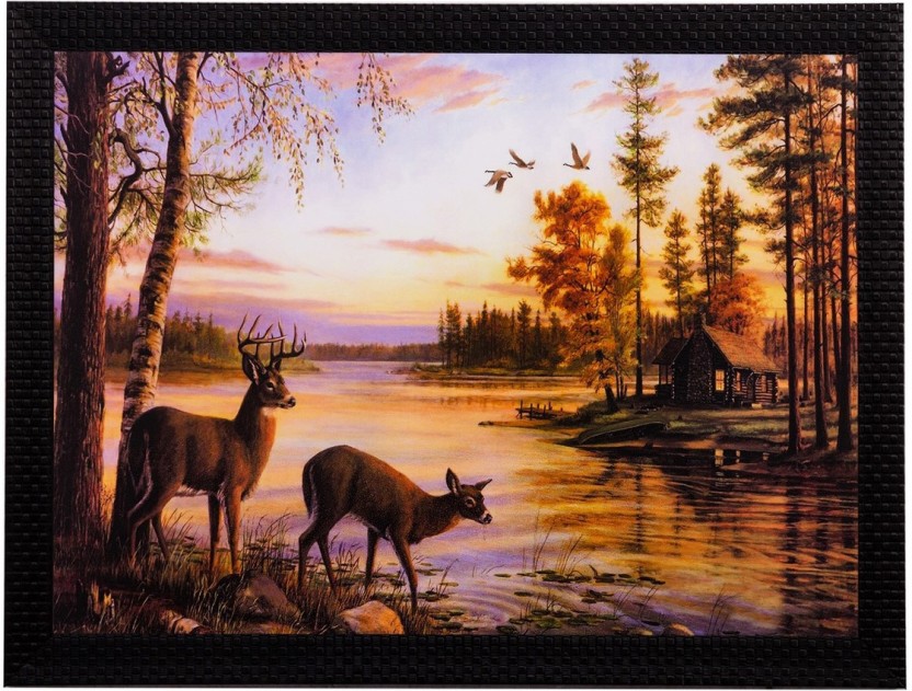 832x631 Ecraftindia Deers Drinking Water Matt Textured Uv Oil Painting - Deer Drinking Water Painting