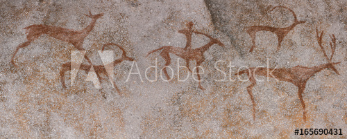 500x201 Drawings In A Cave On The Wall, Painted With Ocher Rock. Primitive - Deer Hunt Detail Of A Wall Painting