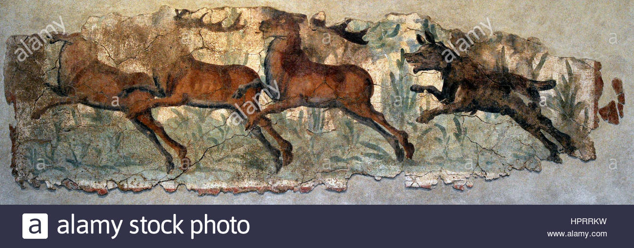 1300x510 Roman Era. Wall Painting. Hunting Scene. Dog Chasing Three Deer - Deer Hunt Detail Of A Wall Painting