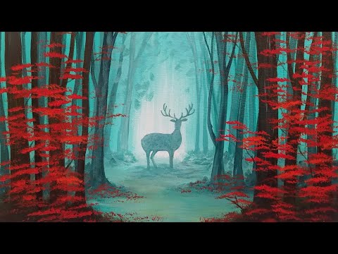 480x360 Easy Beginner Tutorial Autumn Forest Landscape With Deer - Deer In Forest Painting