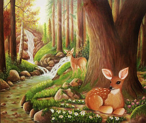 300x254 Deer Forest Paintings - Deer In The Forest Painting