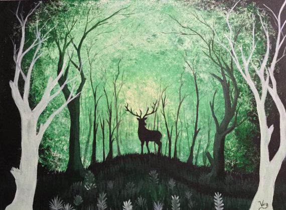 570x419 Glow In The Dark Art Deer Forest Original Painting 2 In 1 Deer - Deer In The Forest Painting