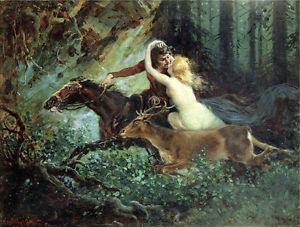 300x227 Oil Painting Portraits Fairy Warm Kiss On Flying Horse And Deer - Deer In The Forest Painting