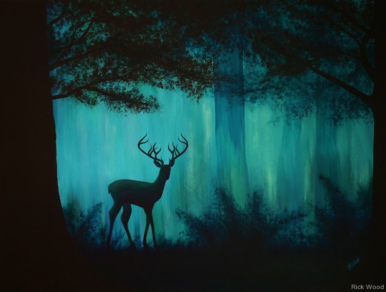 792x600 Rick Wood - Deer In The Forest Painting