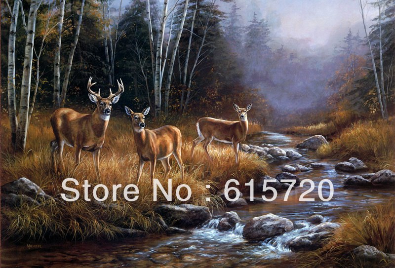 800x543 River Deer Forest Grass Looked Oil Painting Picture Art Giclee - Deer In The Forest Painting