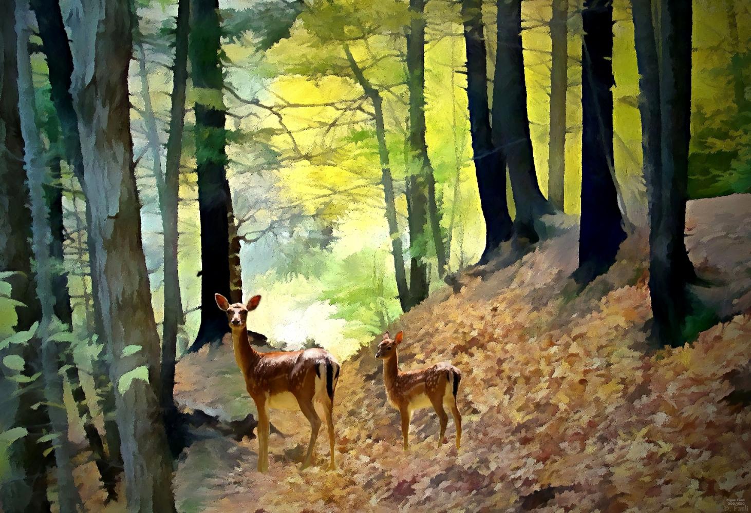 1462x1000 50 Nature Paintings (Mountain, Beach, Forest, Waterfall, Etc - Deer In The Forest Painting