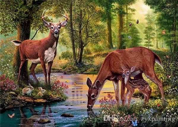 600x430 Best Diy Diamond Painting Cross Stitch Kit Rhinestone Full Round - Deer In The Forest Painting