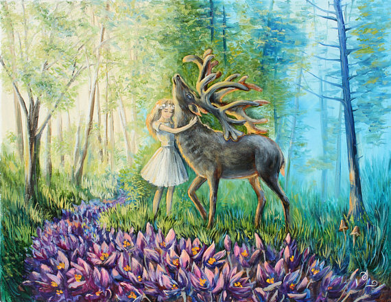 570x440 Deer In The Woods Oil Painting Mistical Forest Girl In White - Deer In The Woods Painting