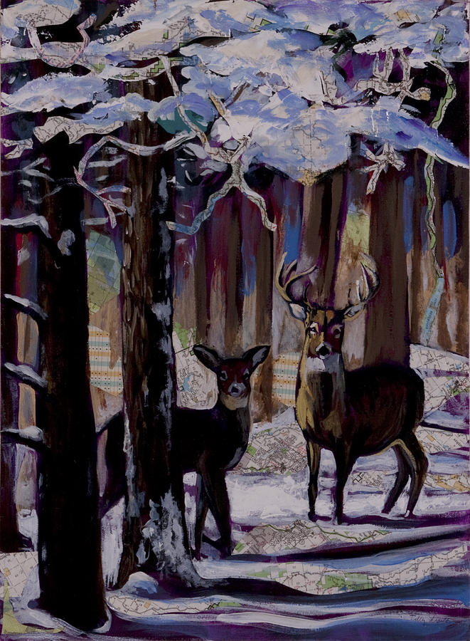 661x900 Two Deer In Snow In Woods Painting By Tilly Strauss - Deer In The Woods Painting