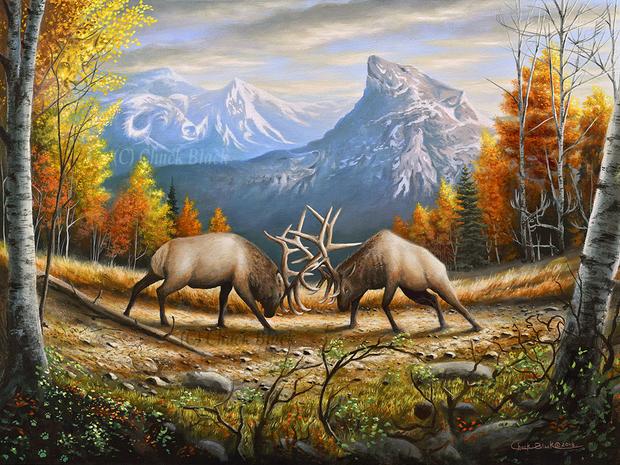 620x465 Original Landscape And Wildlife Paintings By Chuck Black - Deer In Woods Painting