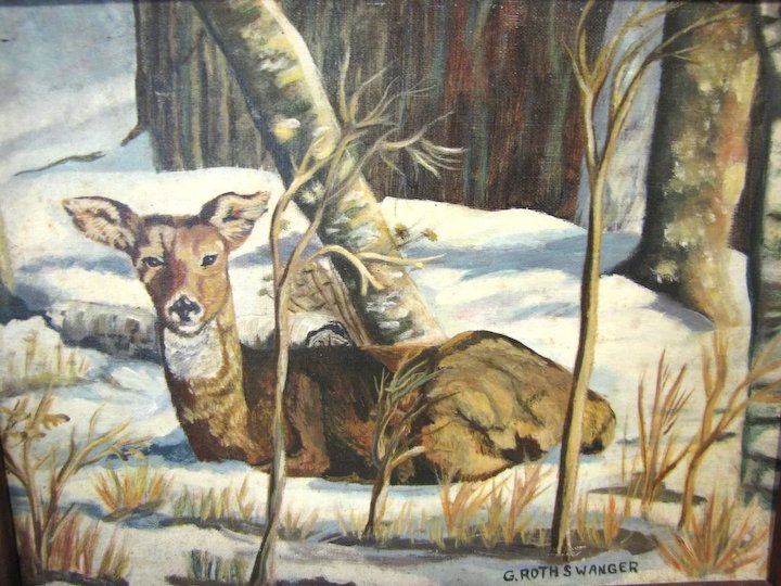 720x540 Vintage Painting Of Deer In Winter Woods, G. Roth Swanger Fay - Deer In Woods Painting