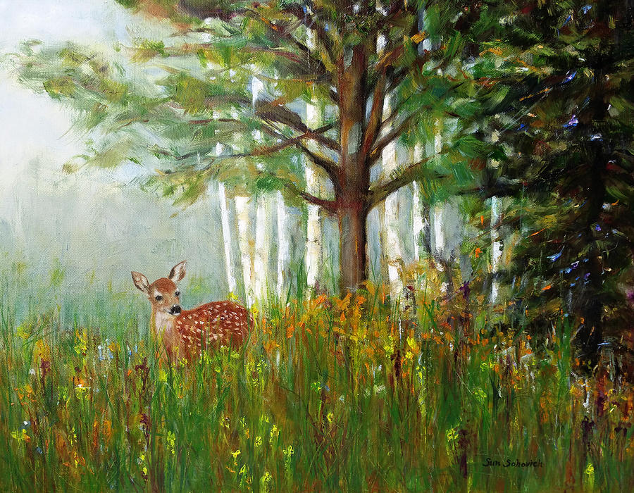 900x700 Deer In The Wood Painting By Sun Sohovich - Deer In Woods Painting