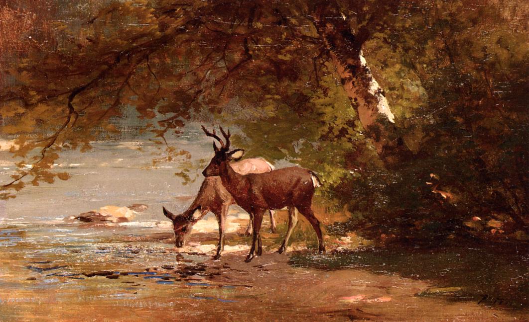 1062x648 Deer In A Landscape Painting Thomas Hill Oil Paintings - Deer Oil Painting