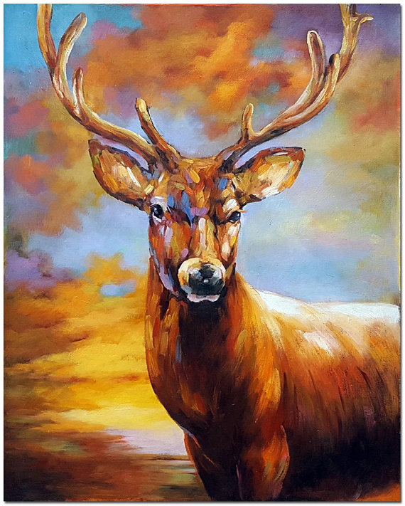 570x711 Hand Painted Impressionist Deer Oil Painting On Canvas - Deer Oil Painting