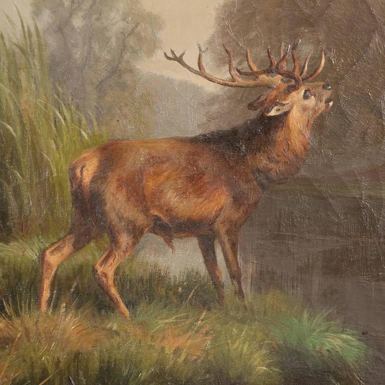 768x768 Antique Oil On Canvas Painting Of A Red Deer By Adolf Mackeprang - Deer Painting Images